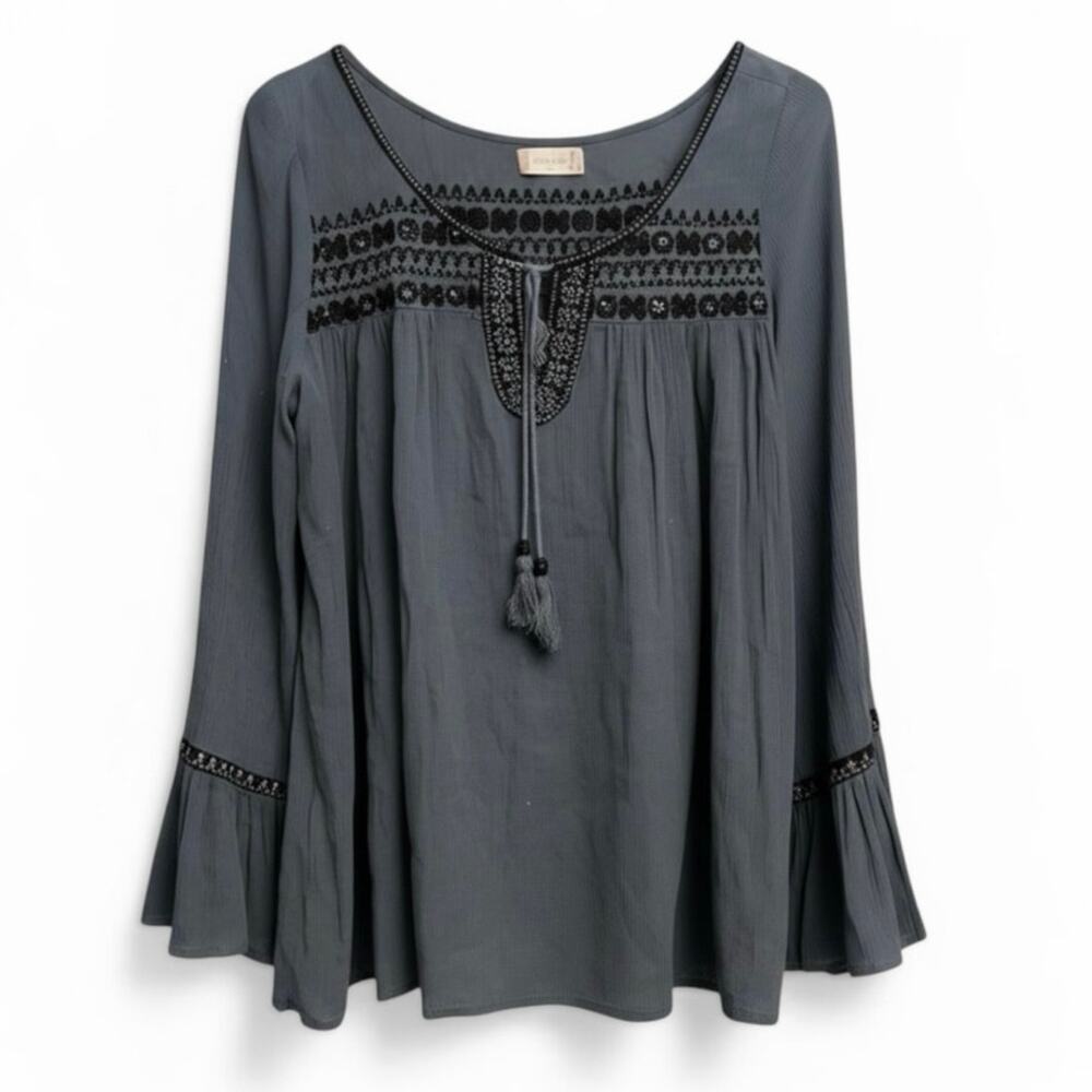 Altar'd State XS Boho Embroidered Peasant Top Long Bell Sleeve Gray Tassel Gauze - Picture 2 of 11